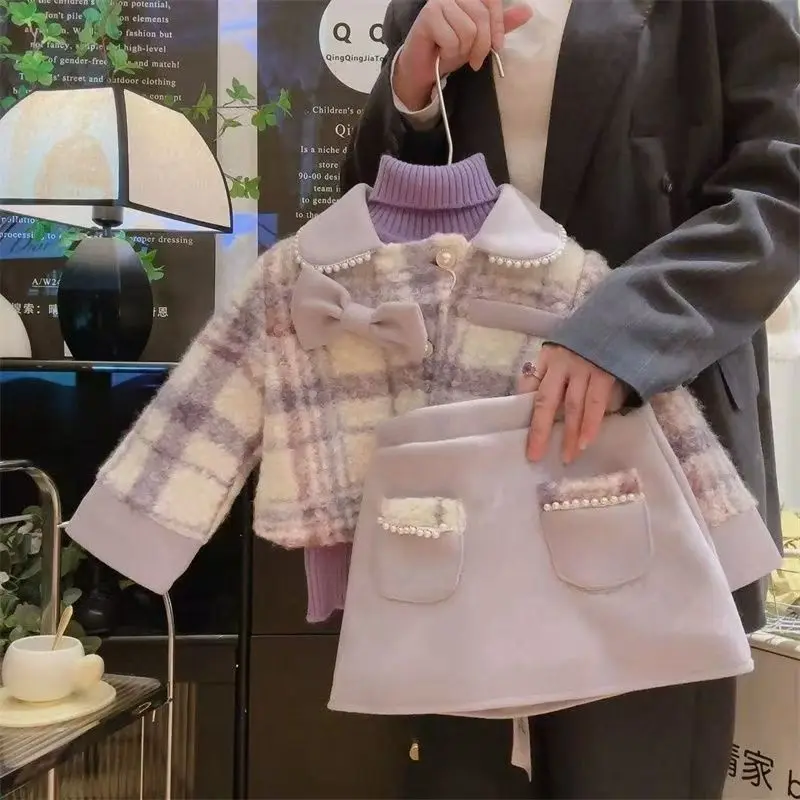 Half Skirt With Cotton Clip Two Piece Set 2025 Autumn/Winter New Set Girls' Fresh Bow Small Fragrant Style Checkered Coat