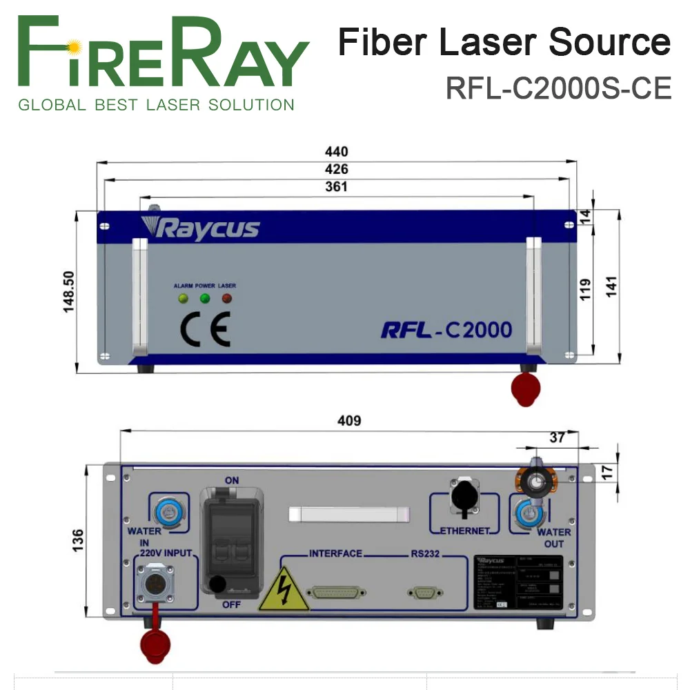 FireRay Raycus Global-Series RFL-C2000S-CE / RFL-C2000H-CE 2000W Fiber Laser Source for Fiber Laser Cutting and Welding Machine