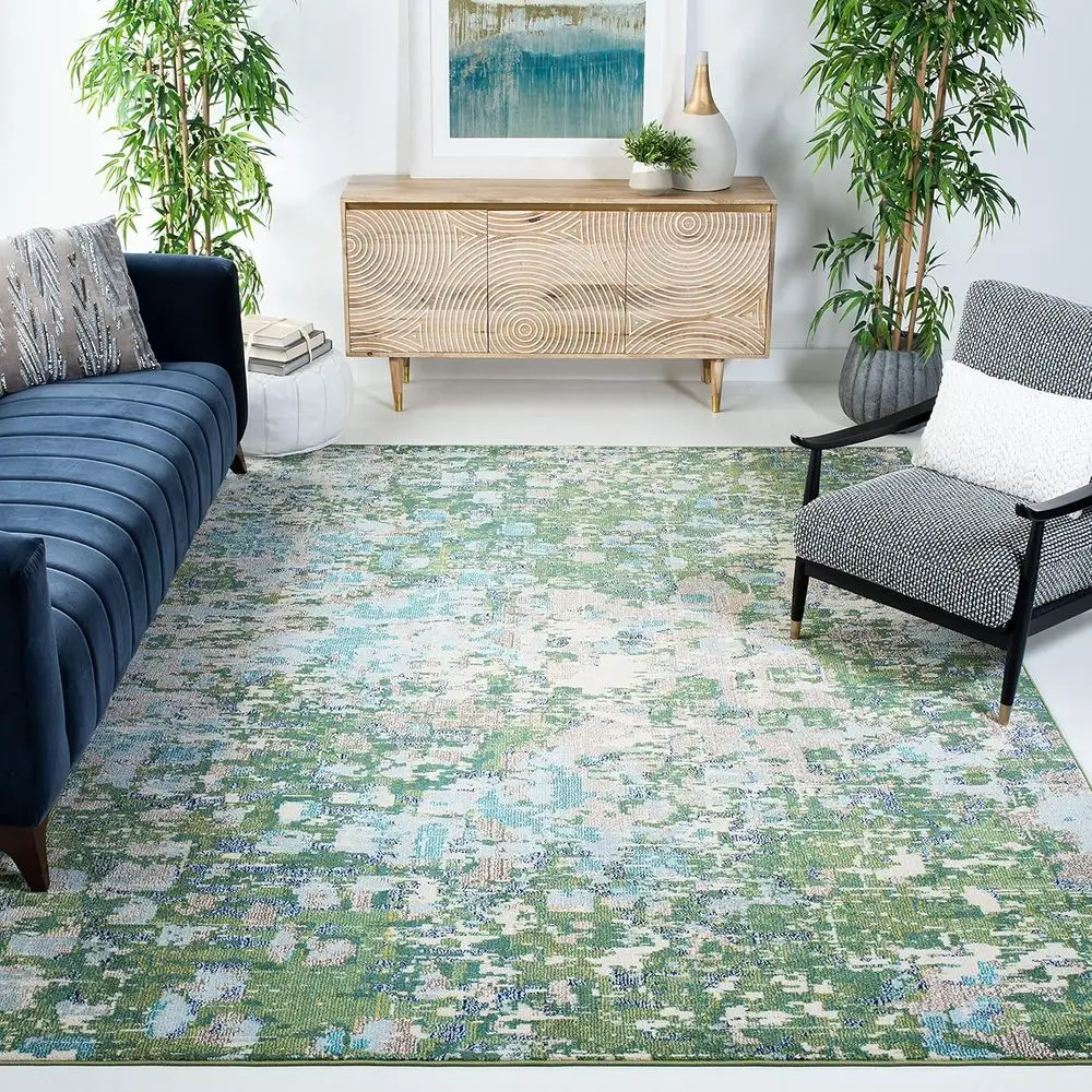 

Extra Large Boho Area Rug - 12x15 Feet, Green & Turquoise, Distressed Abstract Design, Non-Shedding, Easy Maintenance, Perfect f