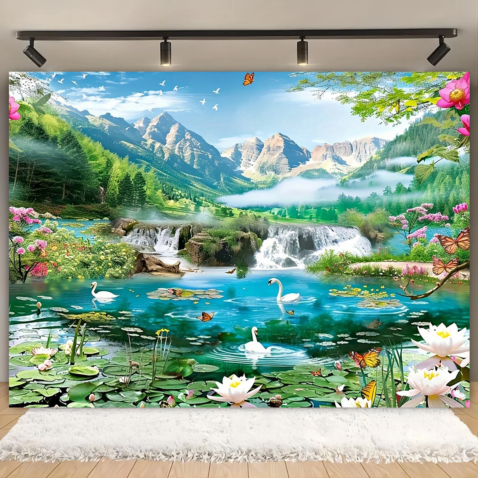 1 Stück bezaubernder Märchenland-Hintergrund mit Bergen, Seen, Wasserfällen, Schwäne und Blumen – verträumte Naturlandschaft, Heimdekoration