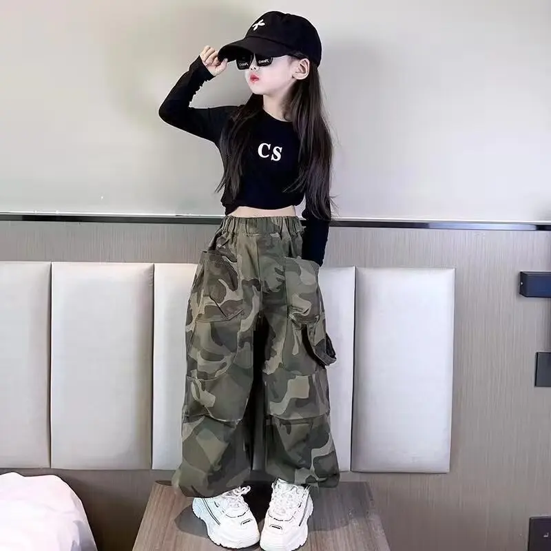 Teenager Girls' Cargo Pants Set  Children'sCamouflage Trousers Suit  Pockets Pants Spring & Autumn  Loose 5 8 10 12 14 Years Old