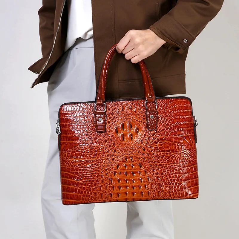 Mochila de Negocios de Alta Gama, Versátil, con Patrón de Cocodrilo, Maletín de Cuero para Hombre, Bolso de Mano, Portadocumentos para Hombre
