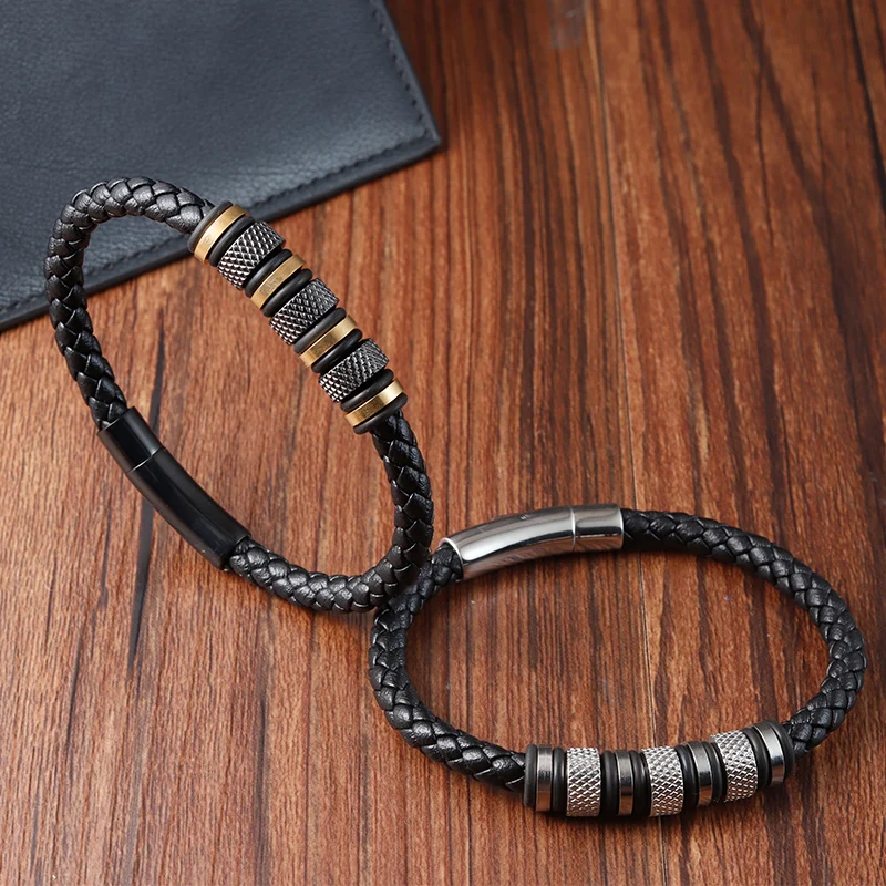 New Style Male Bracelet with Stainless Steel Beads Punk Braided Leather Bracelets Jewelry for Men 2022 Surprise Gift