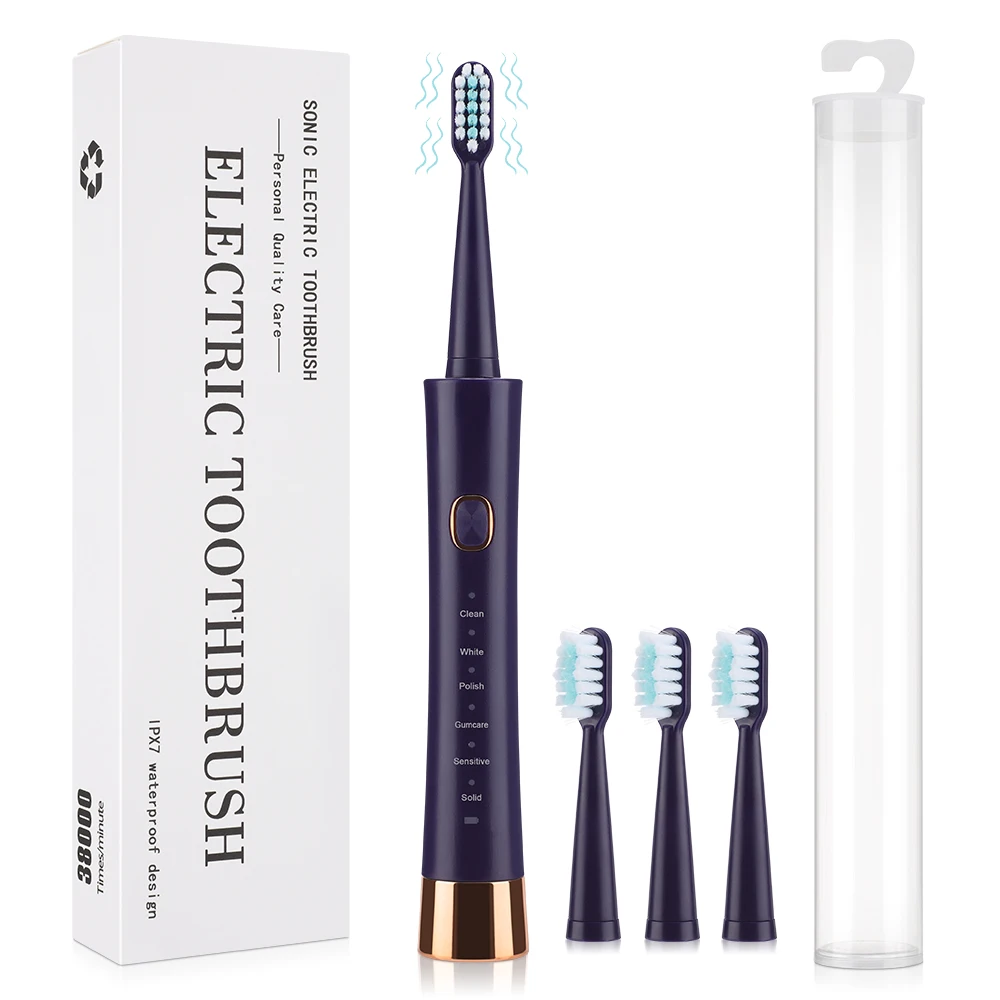 

Ультразвуковая электрическая зубная щетка для взрослых, перезаряжаемая через USB, 5 режимов, с 4 насадками для зубных щеток, IPX7, водонепроницаемая зубная щетка для путешествий