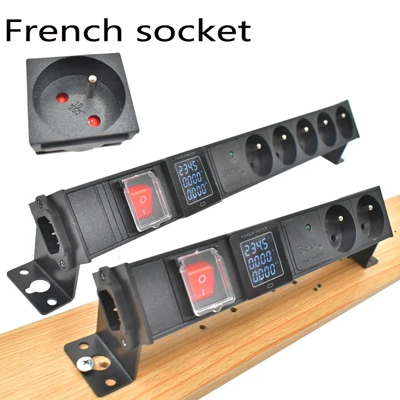 French socket PDU power strip network cabinet rack C14 port desktop 1-8AC double break switch with ammeter Surge protection