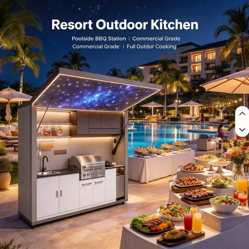 FL Mobile Motorized Aluminium Outdoor Sitting Area Foldable Kitchen Modular Unit with Barbecue Grill Custom