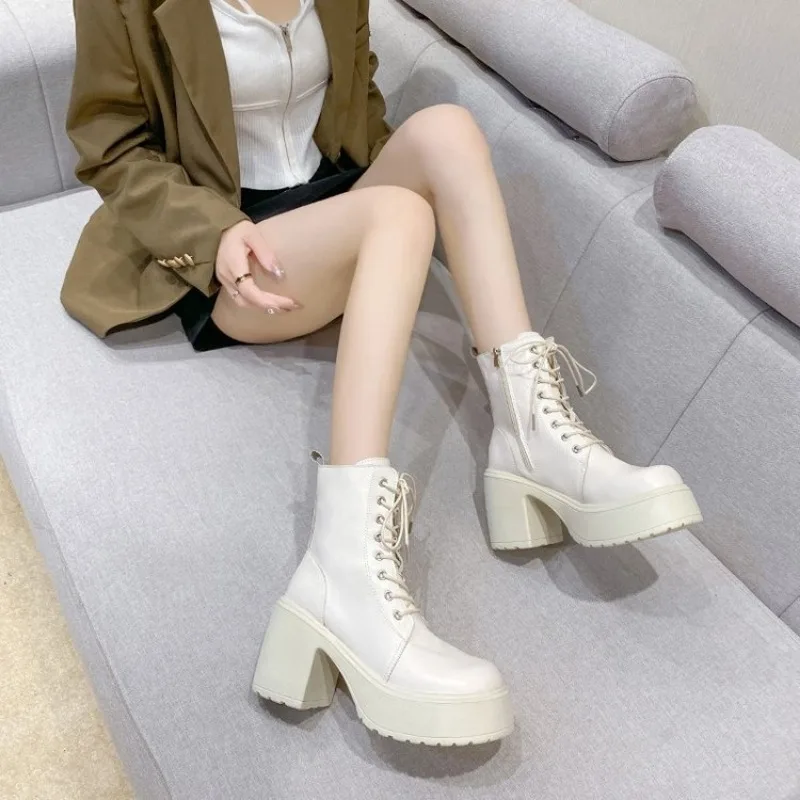 Autumn Winter Women Ankle Boots Waterproof Platform Lace Up Thick Heel Short Boots Fashion 9cm High Heel Leather Botas for Women