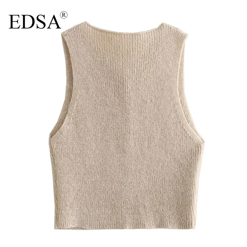 EDSA Women Fashion Beige Single Breasted Knitted Vest Tank Tops Vintage V-Neck Sleeveless Female Chic Lady Top