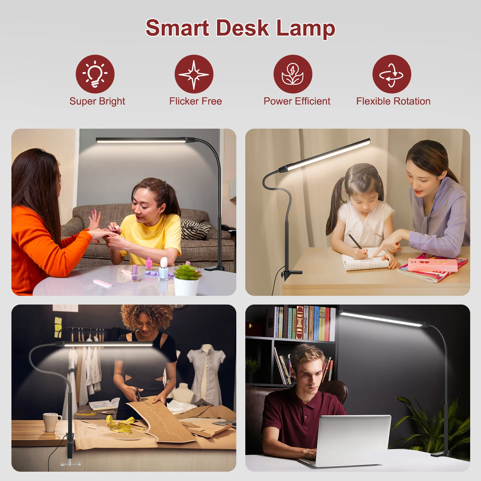 Newacalox-Desk Lamp para Home Office, Luz de mesa com braçadeira, Botão Touch, Cor Ajustável, Temperatura e Brilho