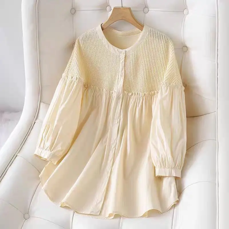

Elegant Pure Cotton Knitted Patchwork 3/4 Sleeve Shirt for Women Summer New Style Age-defying Unique Top Korean Loose Fit