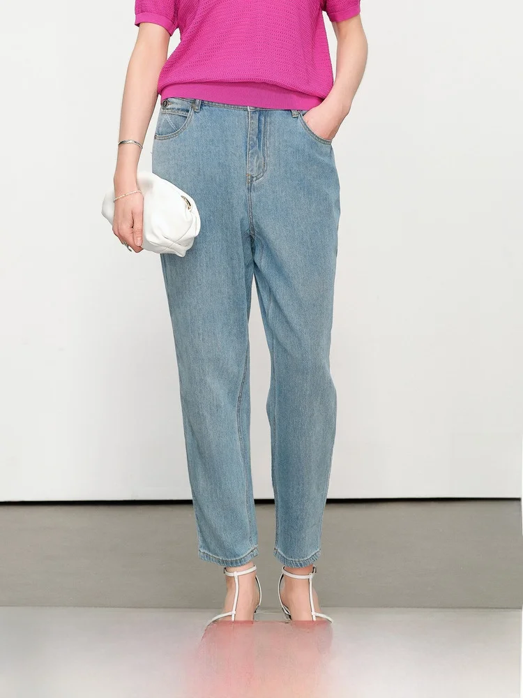 

Wandian Summer 2025 New Arrival Illusory Blue Dad Jeans Long Trousers Women's Faion Cotton 00% Stand Fit l Waist