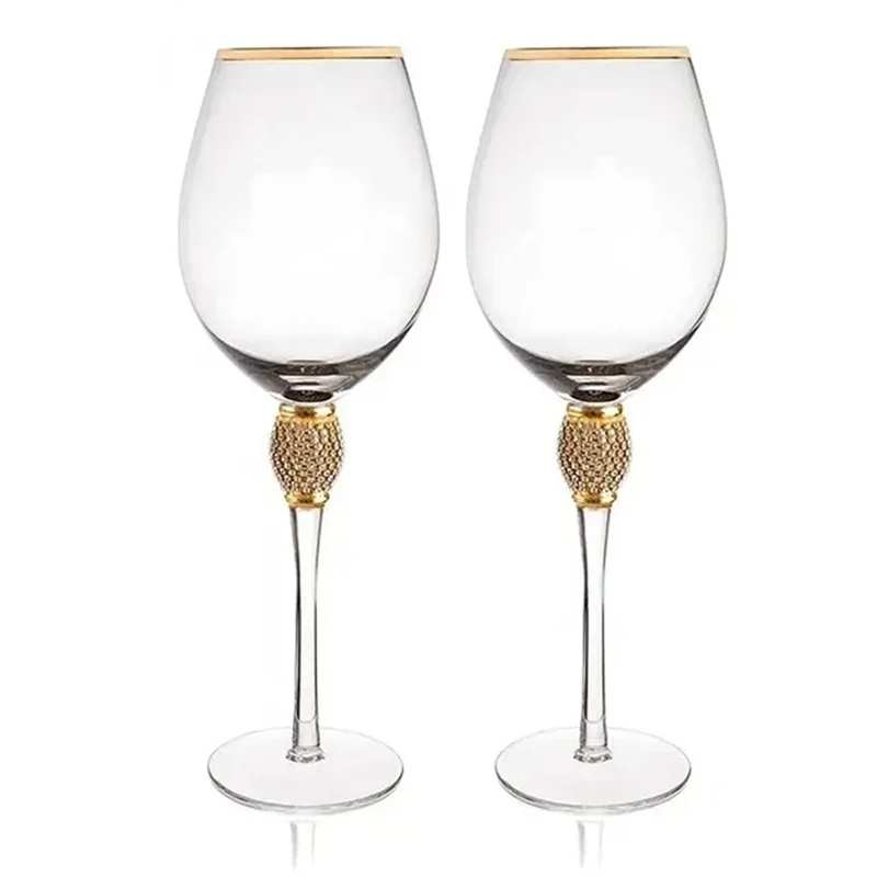 FYBL-Gifts Crystal Gold Plated Wine Glasses Set 2 Pcs Elegant Diamond Decorative Long Stem Champagne Flutes Cocktail Glass
