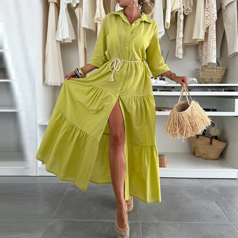 เดรสลำลองสีพื้นเรียบง่ายทันสมัยสำหรับออกงานกลางคืน  ชุดเดรสทรงสวิงผูกเชือก  แขนสั้น  ปกเสื้อเชิ้ต  สำหรับฤดูร้อน