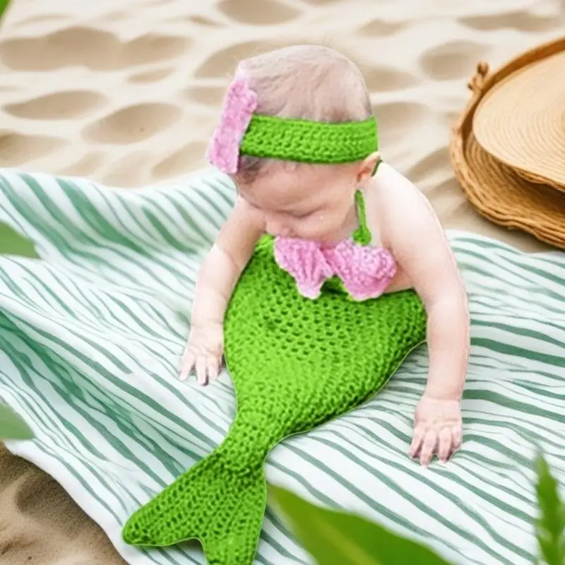 U13F الحياكة زي عذراء البحر لحديثي الولادة للراحة والسلامة في تصوير الطفل غطاء رأس قابل للتنفس مع زهرة الصدر