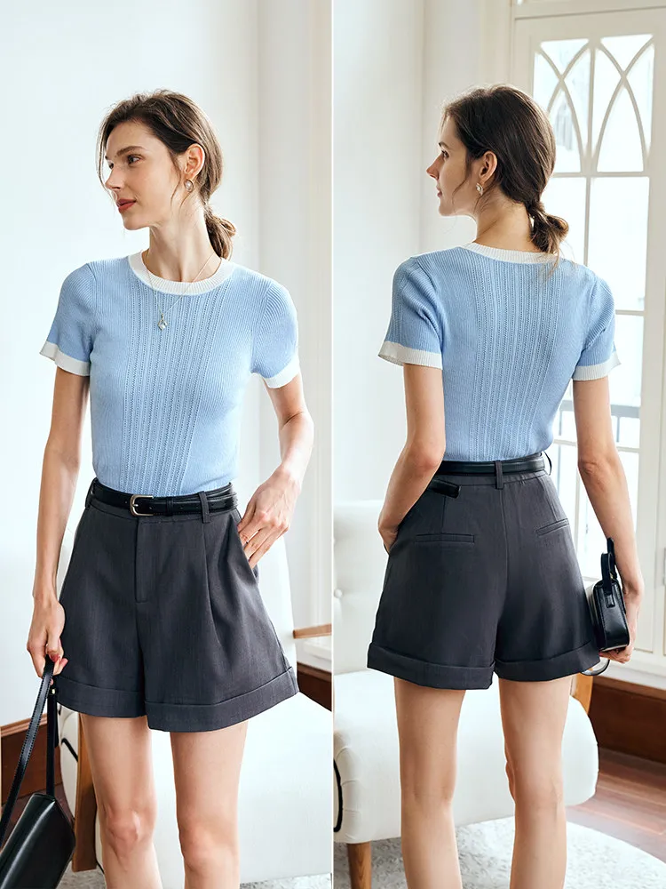 

OLrain Women's Office Knit Pullover 2026 Summer New French Contrast Ribbed Crew Neck Daily Casual Short Sleeve Top O24XZ86362