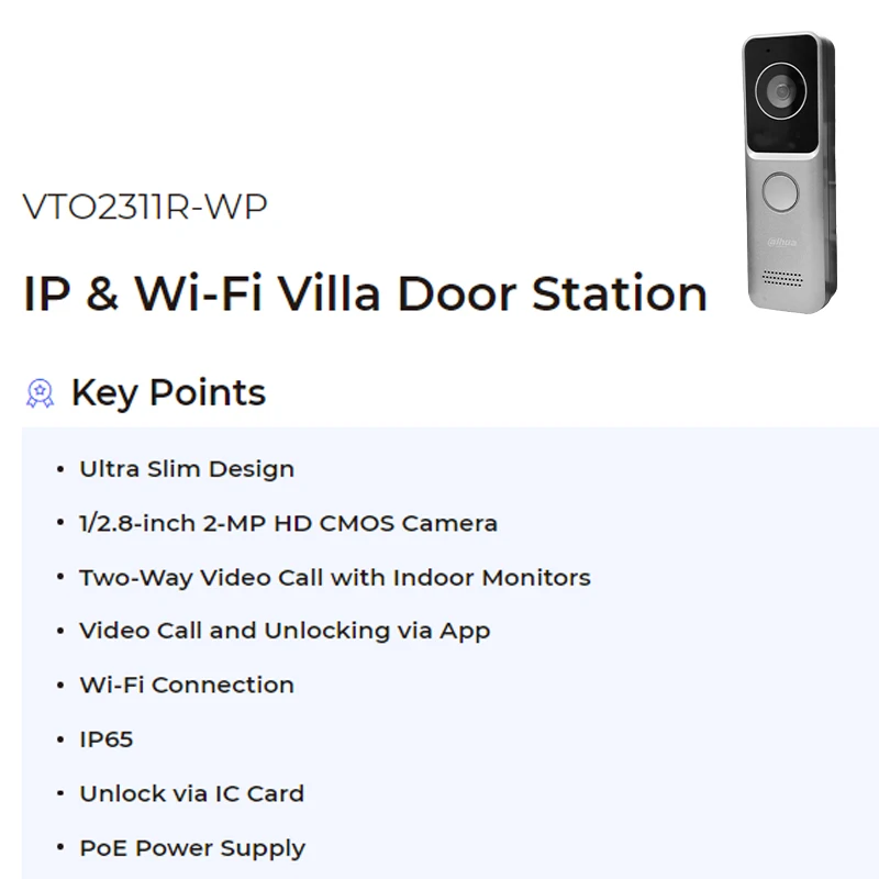 Dahua Original 2MP WiFi PoE Doorbell Camera IP Video Intercom VTO2311R-WP Supports Two-Way Video Call Unlock via IC Card APP New