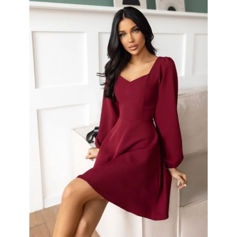 WAKUTA 2024 Summer New Fashion U-neck Bubble Sleeve Mid Length Dresses Zipper Solid Color Slim Fit Vestidos De Noche Juveniles