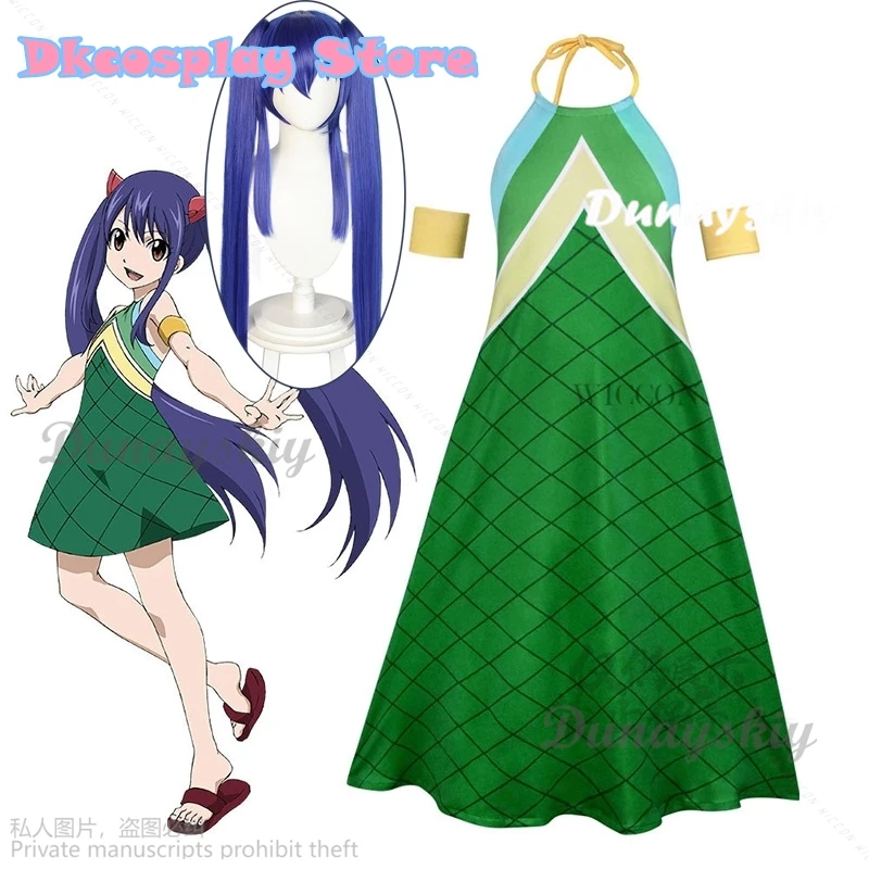 Anime FAIRY Lolita TAIL Wendy Marvell Cosplay Costume Wig Kids Green Backless Dress Wig Adult Girl Kawaii Carnival Party Suit