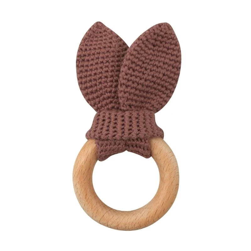 

J15U BPA Crochet Wooden Ring Baby Teether Bunny Rattle Infant Teething Toy