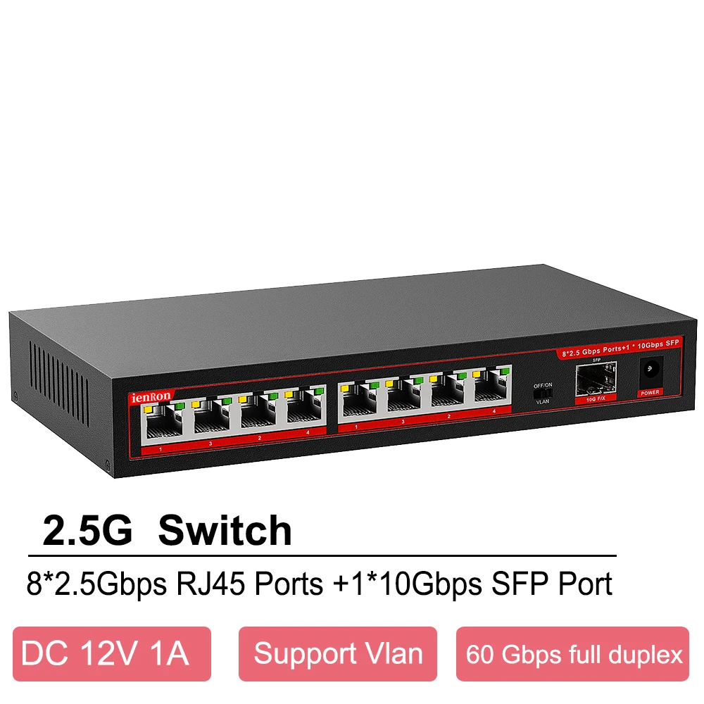 2.5G 8 Port Gigabit Switch Ethernet Switch 2500Mbps RJ45 Network Switch 10G SFP Home Lab Hub Internet Splitter Plug and Play