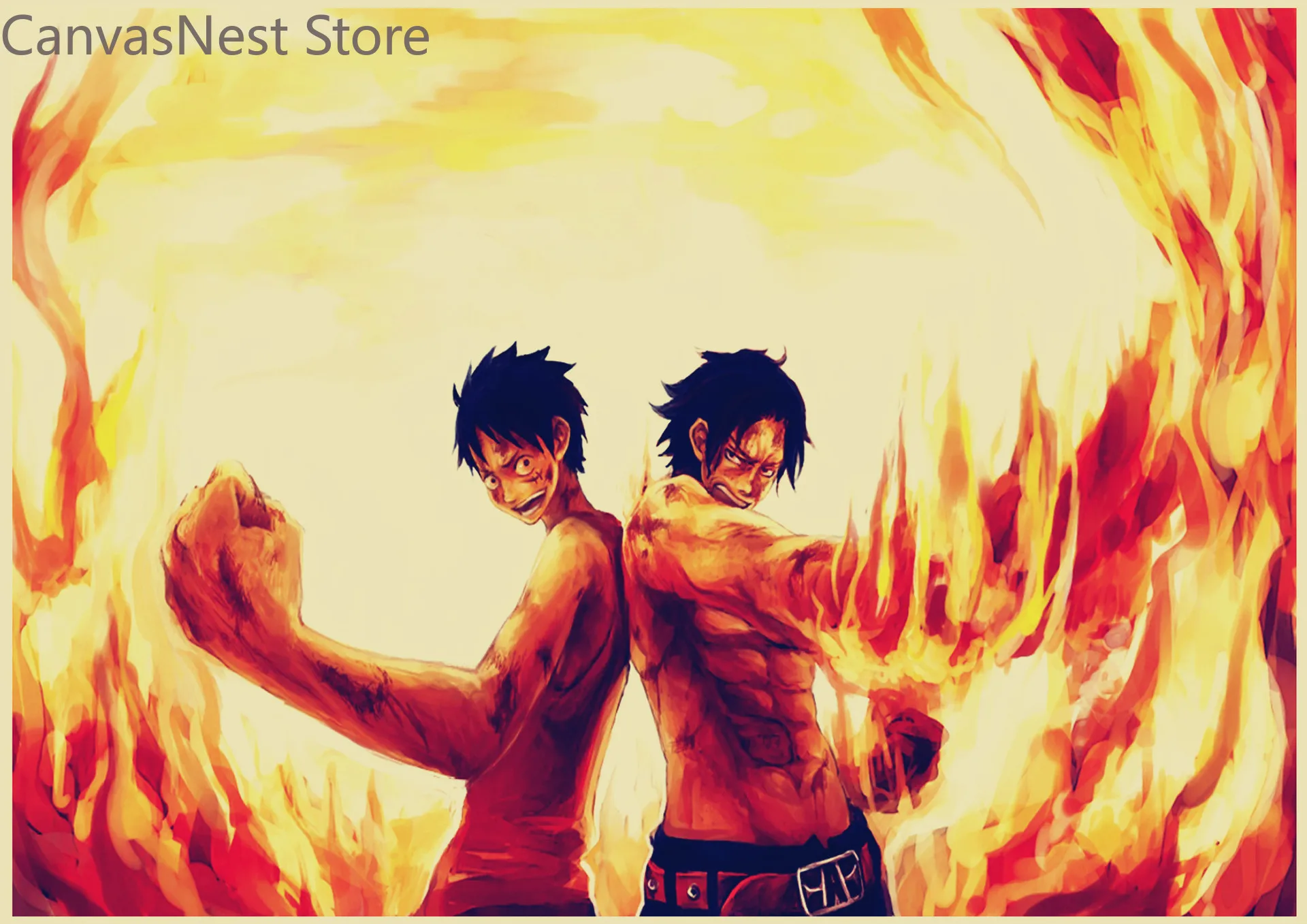 Anime One Piece Luffy & Portgas Ace Canvas Wall Print, Warm Flame Art Poster for Wall Hanging