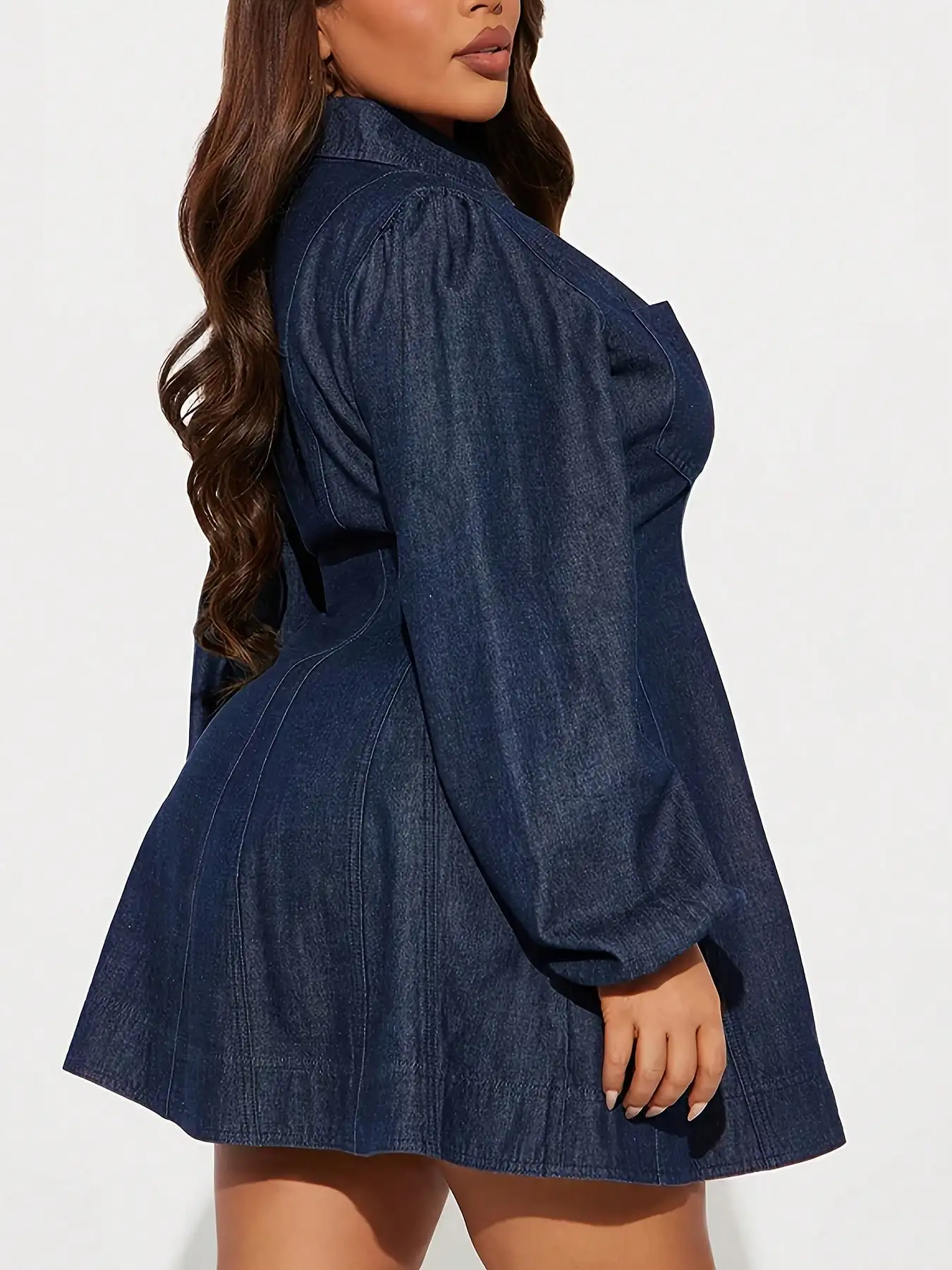 

Women Plus Size Puff Sleeve Shirt Collar Button Front A-Line Mini Denim Dress