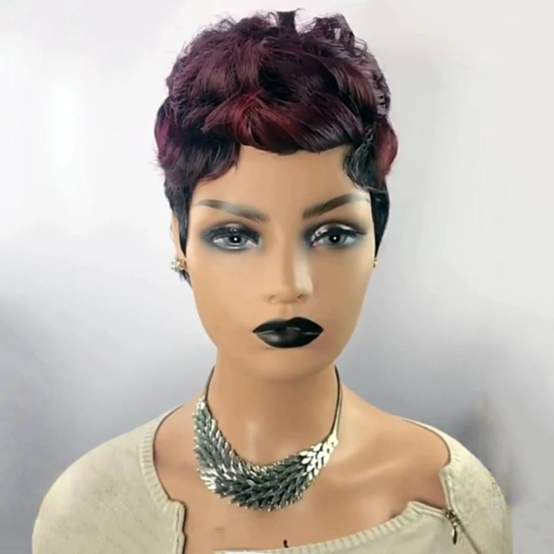 Parrucca bordeaux Pixie Cut per le donne capelli umani 1 b99j # parrucca corta onda riccia Pixie Bob parrucche parrucca corta fatta a macchina piena