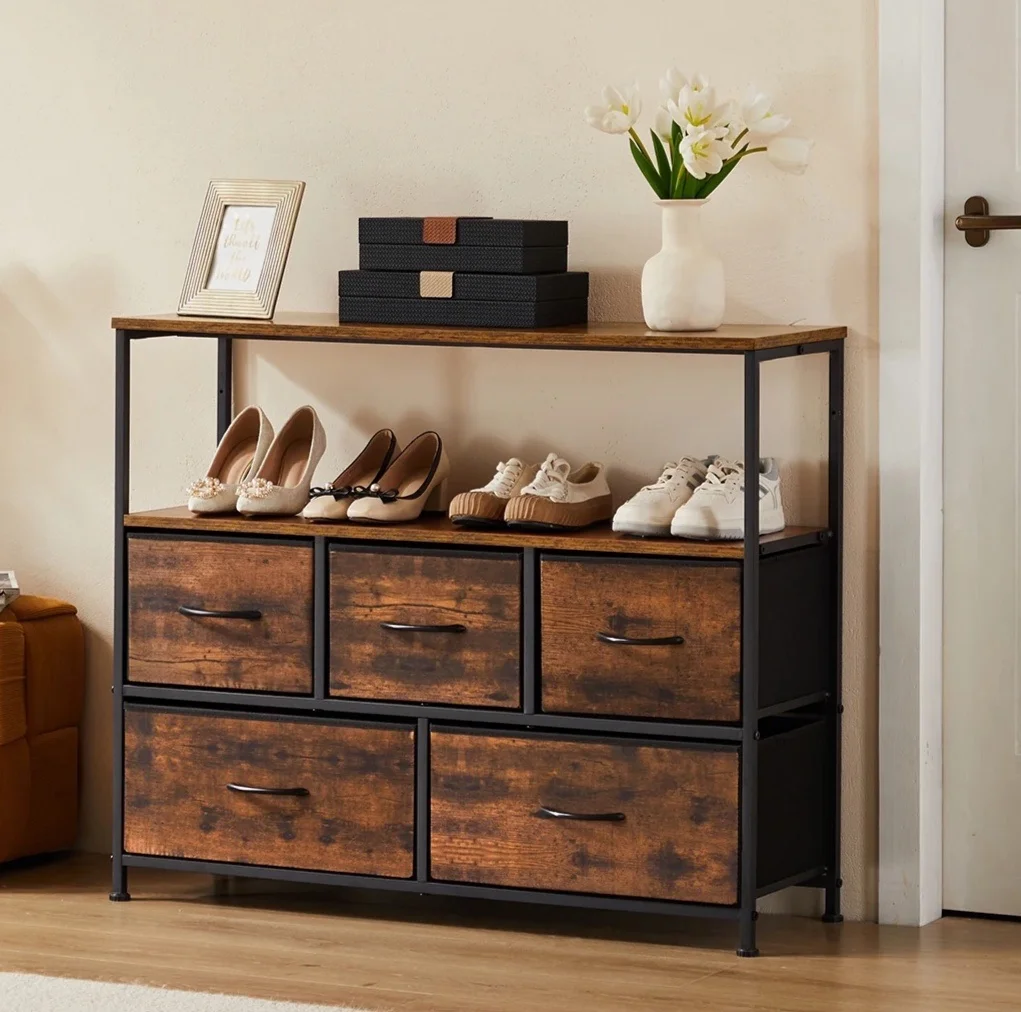 #¥JHK Shoe CabinetDresser With 5 Fabric Drawers Toy Storage TV Stand Multilayer Shoe Rack Space Saving Cabinet Of Home Furniture