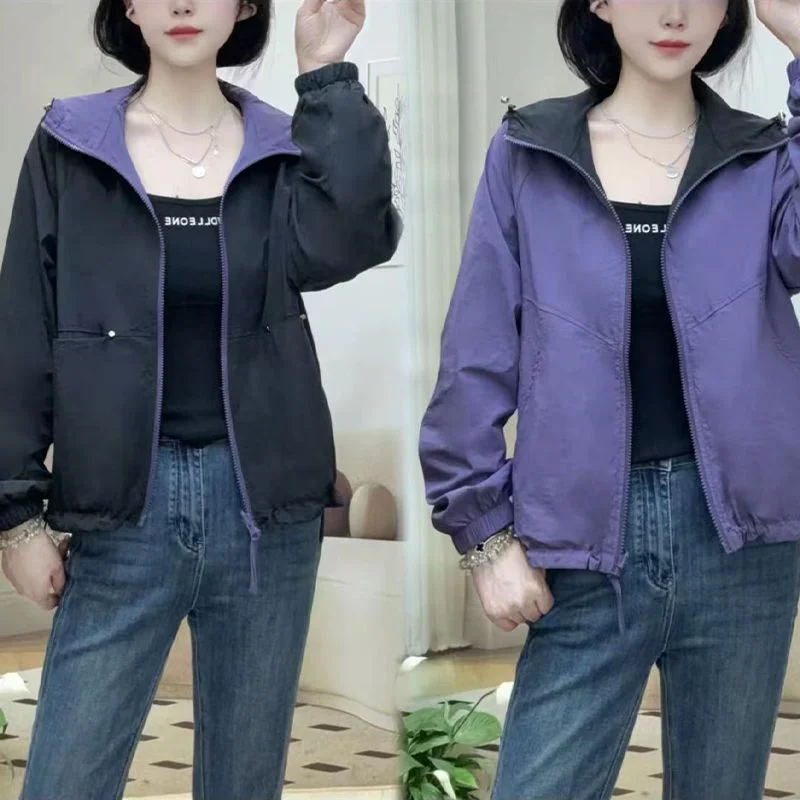 Korean Ladies Double Sided Loose Coat Autumn Women Fashion Color Blocking Hooded Jacket Spring Female Long Sleeved Lined Outwear
