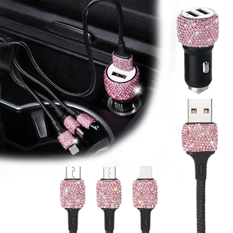 USB Car Charger Pink Crystal Diamond 5V 2.1A Dual Port Fast Charging Adapter 3 in 1 Charging Cable for IPhone Samsung Huawei