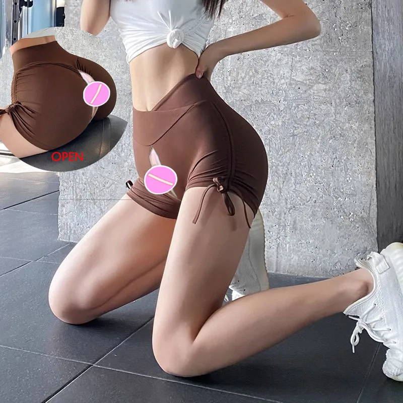Outdoor Open Crotch Sex Pants, Exotic Hotpants Women Peach Hip Leggings Track Sweatpants Couple Casual Streetwear Summer Shorts