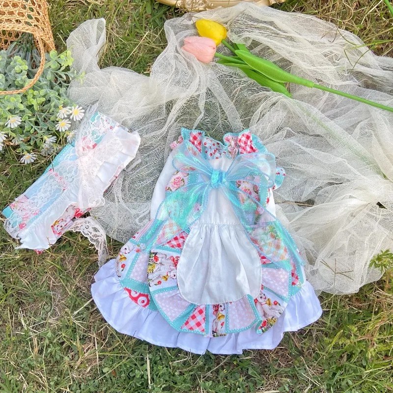 Vintage Patchwork Floral Plaid Pet Dress Apron Design Big Bow Ruffle Dress Summer Sleeveless Princess Costume for Dogs Cats