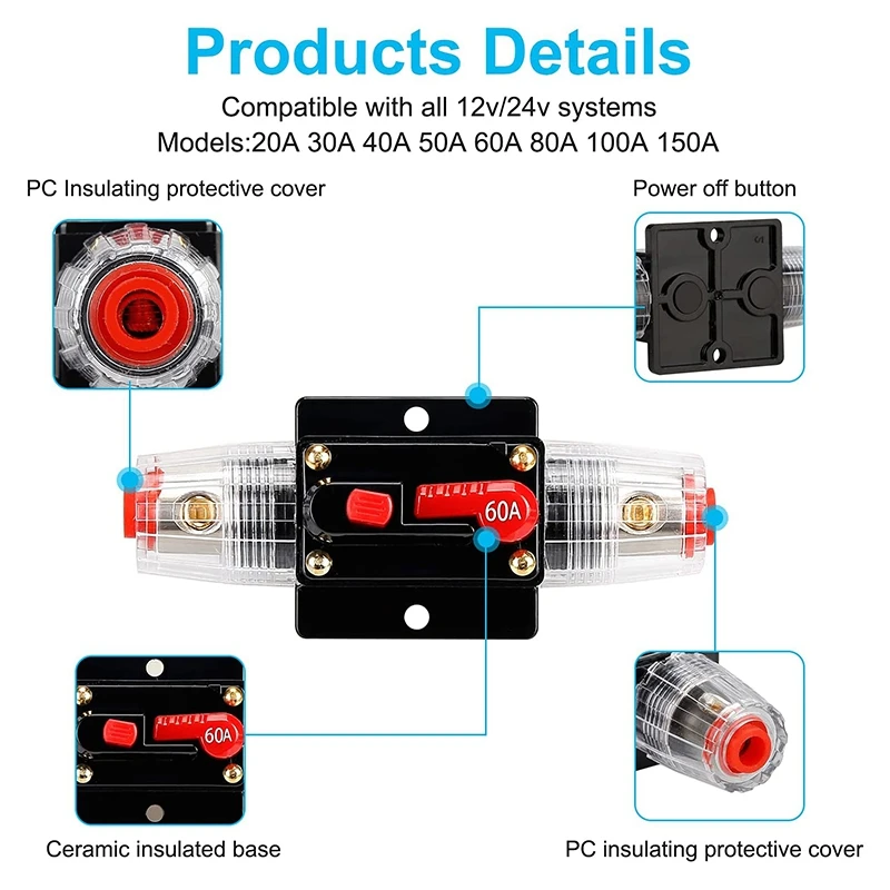 Suporte de fusível 12V-24V DC, disjuntor de áudio, porta-fusíveis em linha estéreo para carro automático, reinicialização manual