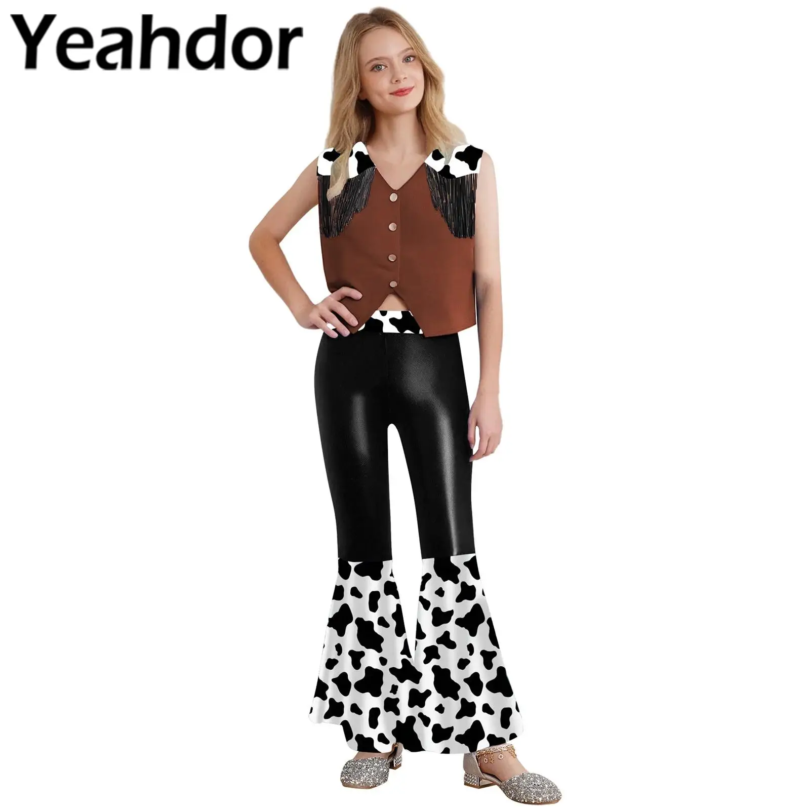 

Kids Girls Western Cowboy Cosplay Costume 4PCS Printed Outfit Chest Fringes with Vest Top Bell-Bottomed Pants with Scarf and Hat