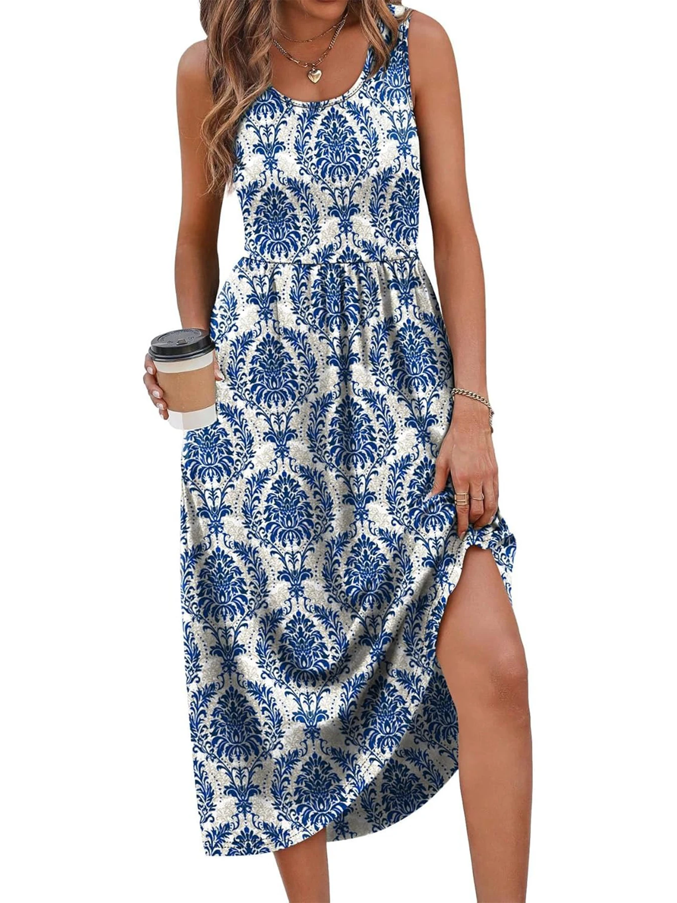 2026 Sommer Neue Kleider für Damen Bedrucktes Lässiges Midikleid Modisches Ärmelloses Rundhals-Strandkleid mit Taschen – Detail 29