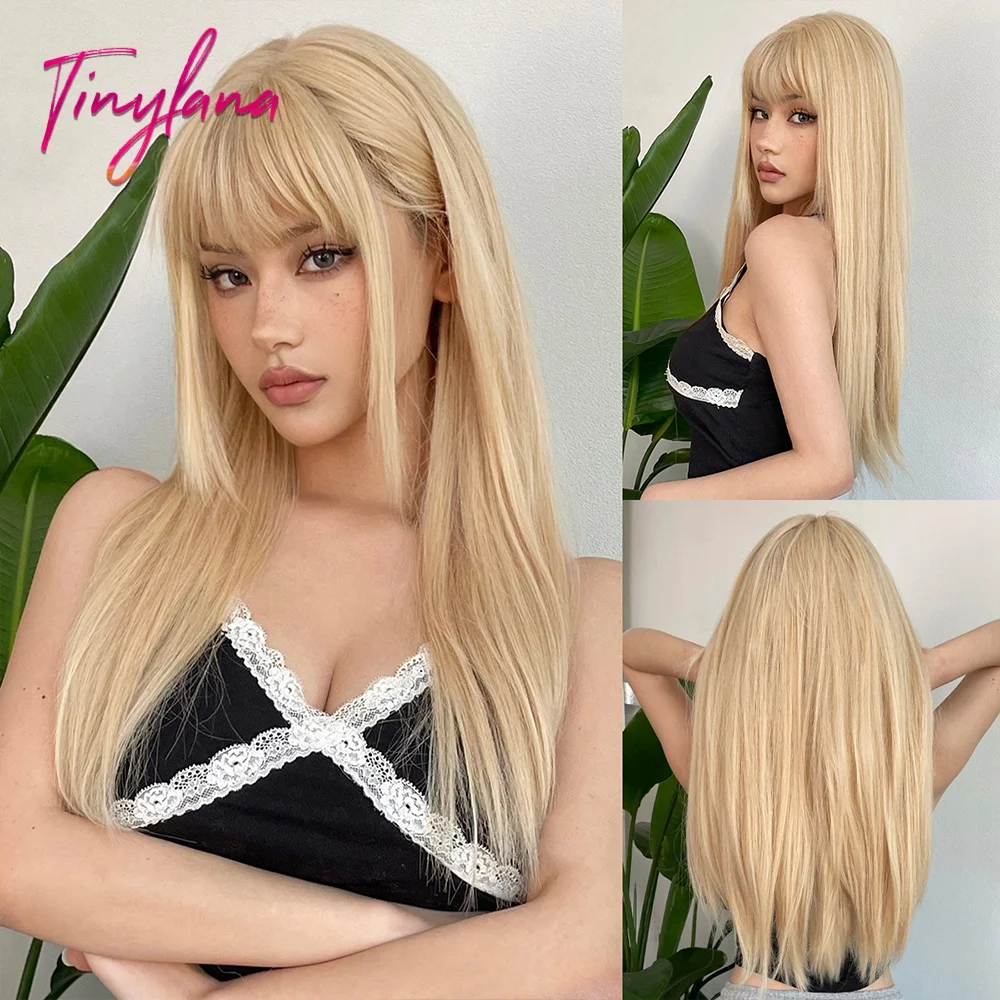

Blonde Platinum Golden Synthetic Wigs With Bang Straight Long Natural Hair Wig for Women Hime Cut Cosplay Daily Heat Resistant
