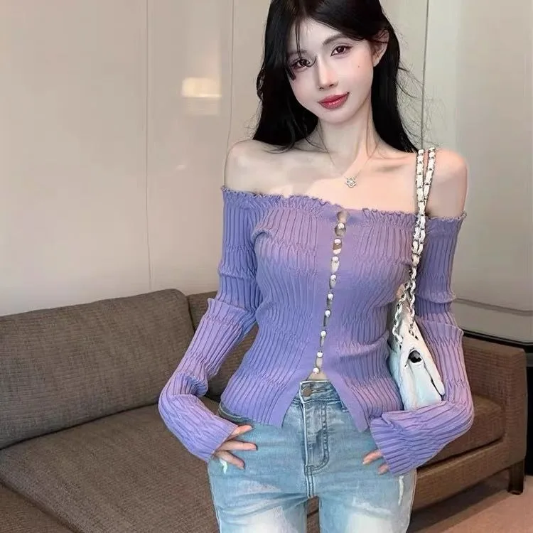 White Long Sleeve Knitted Sweater Women's Slim Fit Short Style Shoulder Bared Autumn Fashion Pure Desire Waist Cinched Knitwear