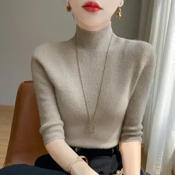 Maglione lavorato a maglia slim fit con collo alto e maniche a cinque, capospalla da donna, aderente, con base in maglia abbinata, autunno inverno, nuovo stile 6 best sales Crema superiore - №3