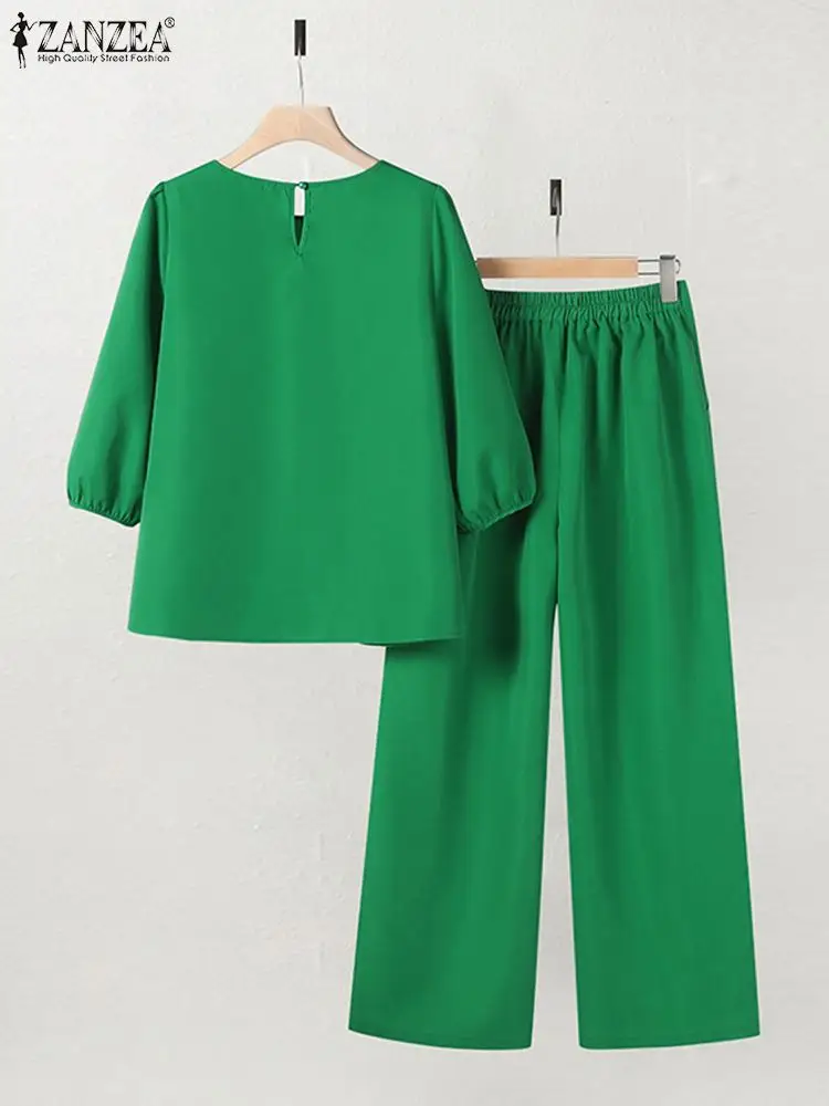 ZANZEA Elegant OL Work Pant Sets Women Outfits Summer Solid Blouse Wide Leg Trousers Suit 2PCS Tracksuits Matching Sets