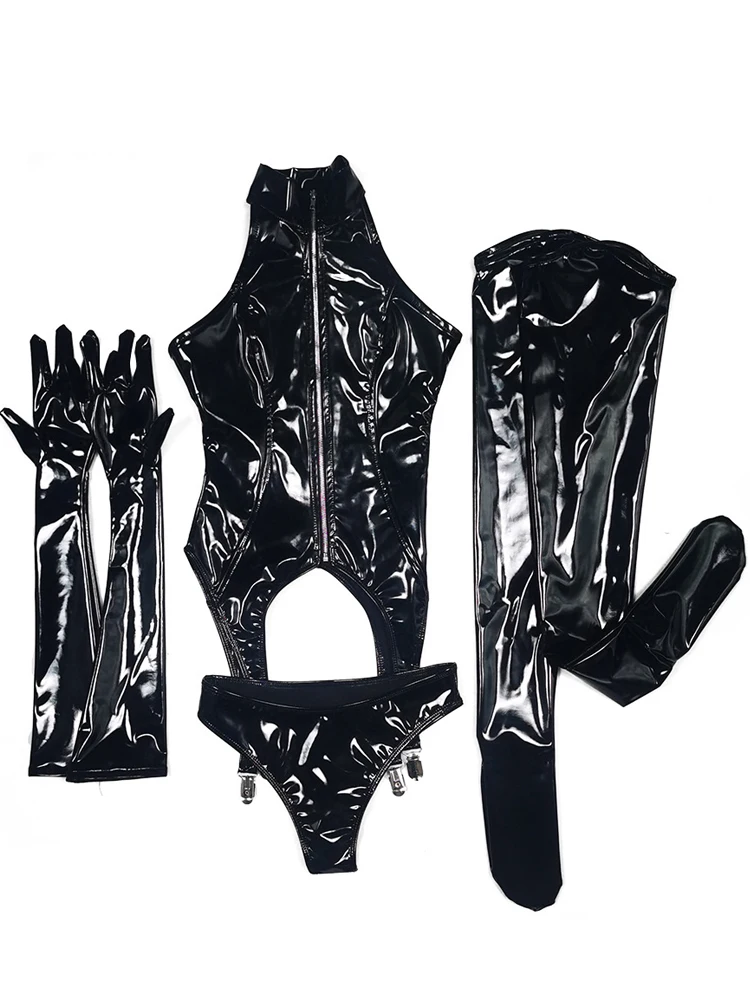 Wet Look PVC Catsuit, brilhante couro PU, Cosplay Outfit, Bodysuit Crotchless, calças justas, corpo sexy, cinto de liga, meias, luvas, 4pcs por conjunto