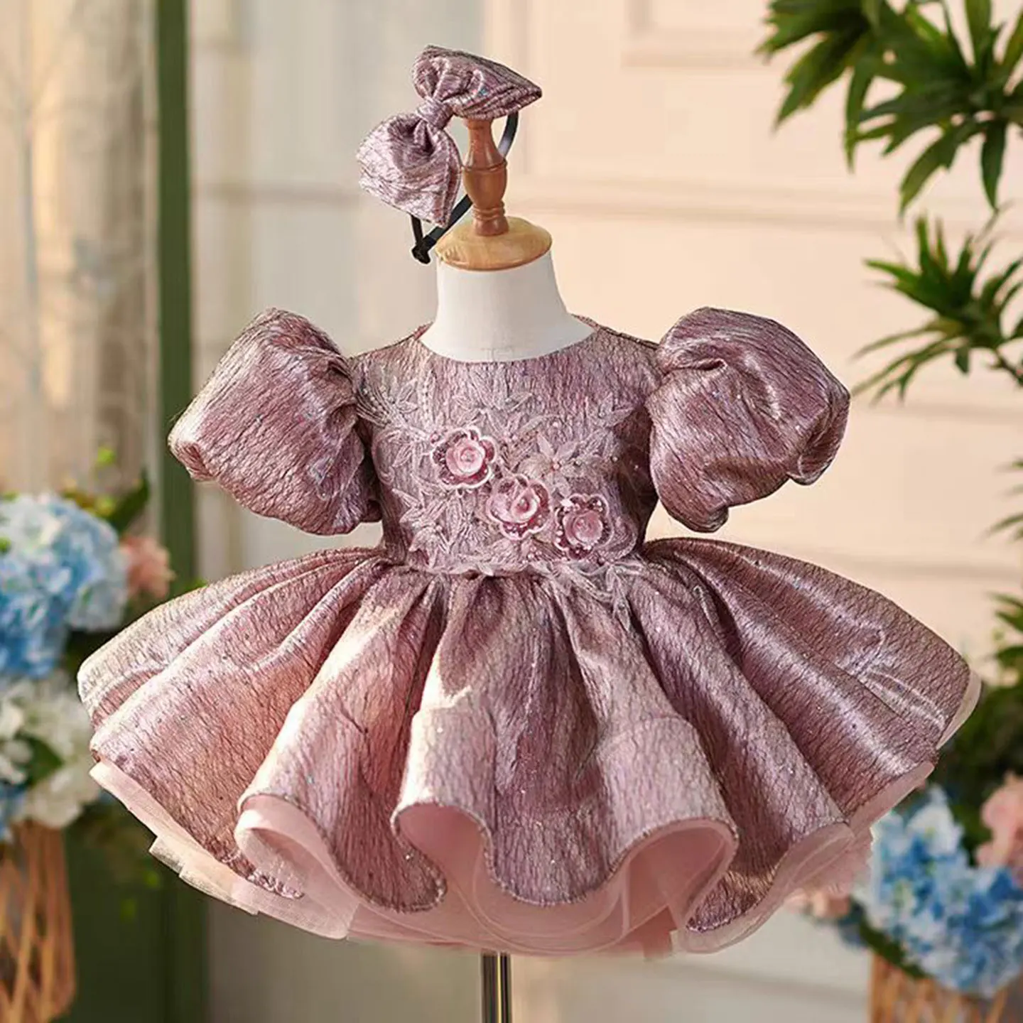 Jill Wish Dusty Pink Lace Knee Length Girl Dress with Sleeve Princess Children Birthday Wedding Party Pageant Ball Gown J312