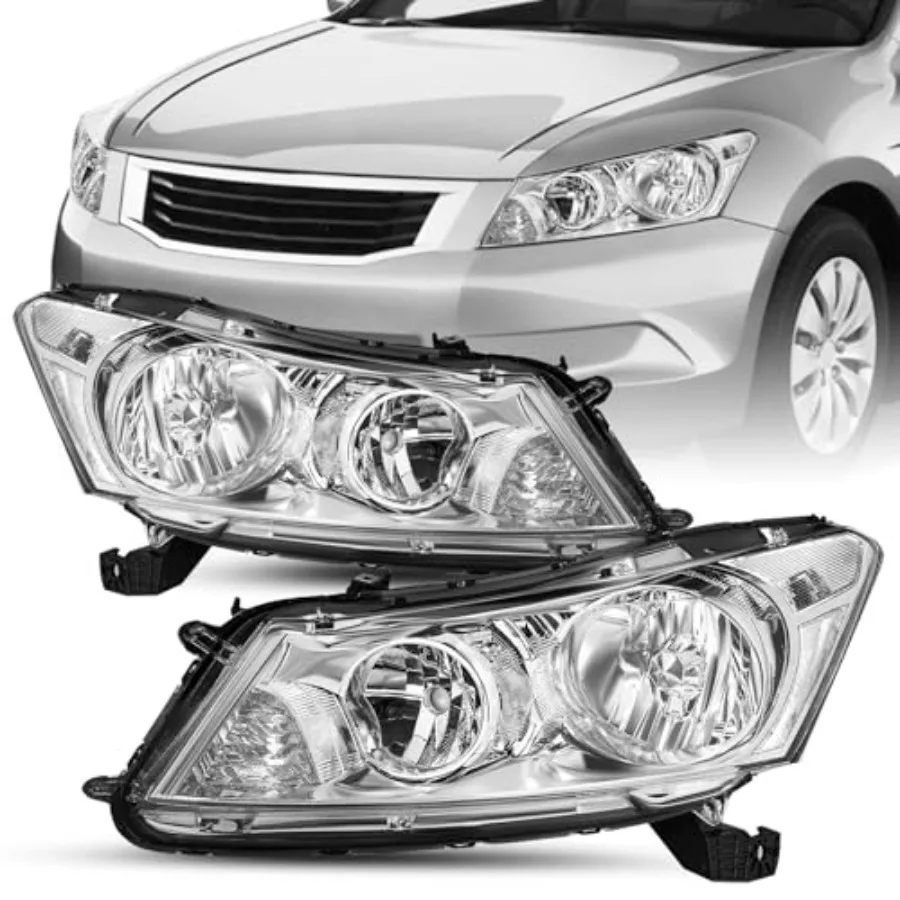 

Headlight Assembly Pair Fit for 2008-2012 Honda Accord Sedan 4-Door Front Halogen Headlamp Chrome Housing with Clear Reflector
