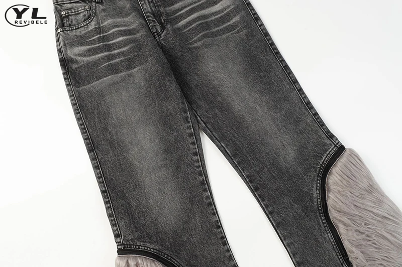 Pantalones vaqueros con Micro cuerno de piel extraíble para hombre, Jeans rectos sueltos de retales de calle americana, pantalones desgastados de moda Hip Hop