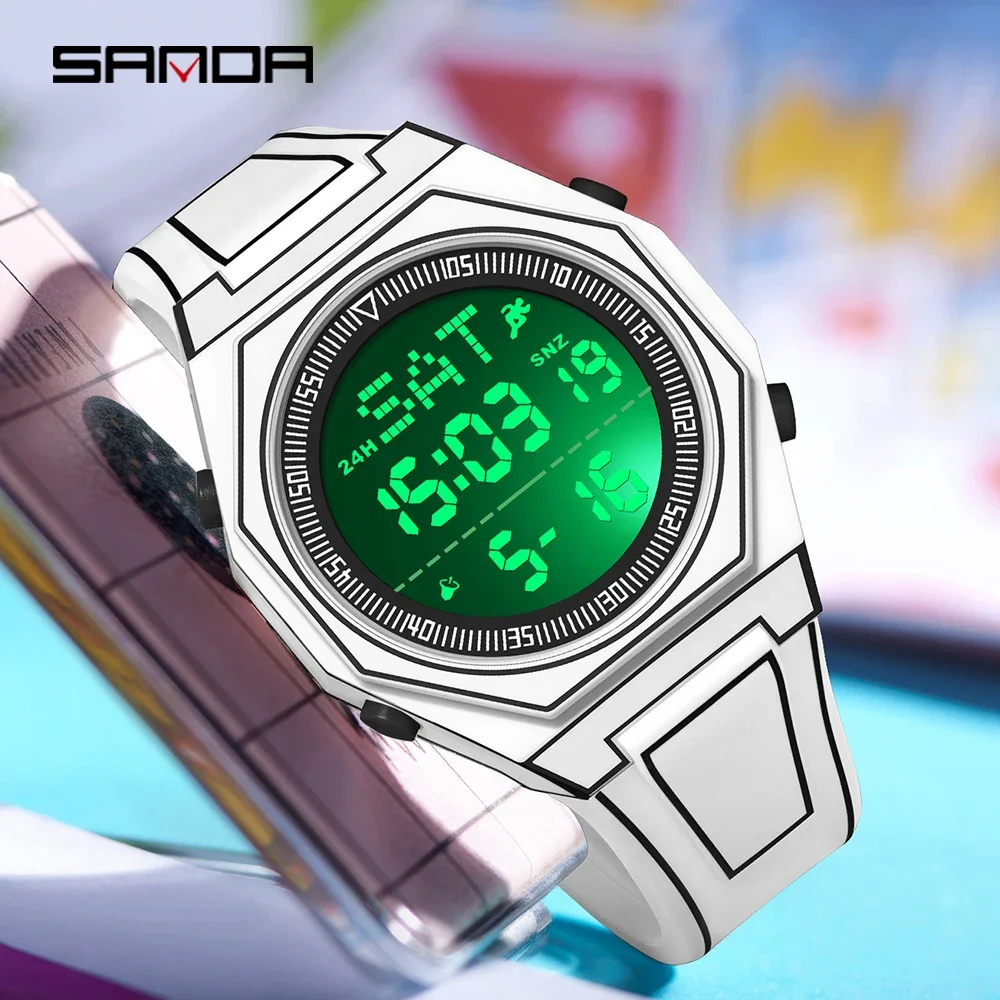 SANDA 9097 Men's and Women's Sports Electronic Watch Multi functional 5ATM Waterproof Colorful Night Light Alarm Clock Timing