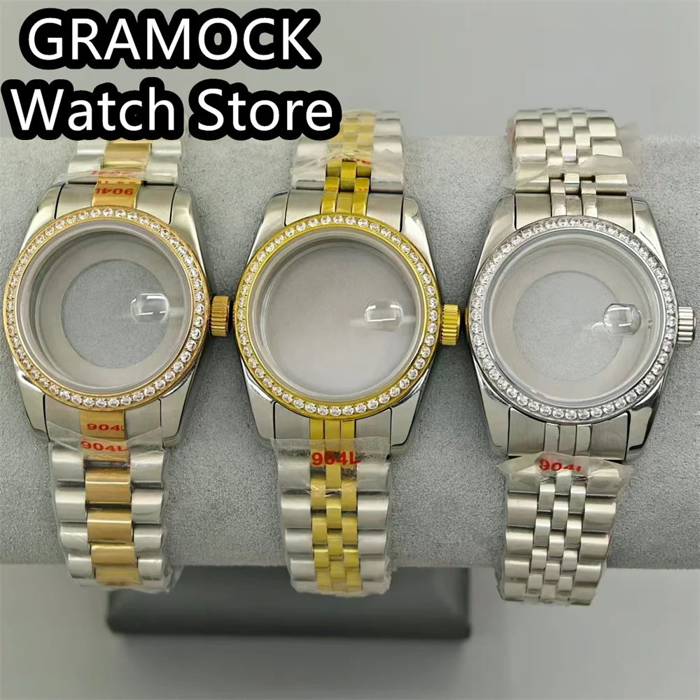 GRAMOCK 30.5mm Luxury Diamond Bezel Women Watch Case Sapphire Glass Steel Strap For NH05 NH06 Movement Replacement Parts