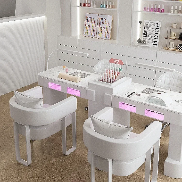 

White Nail Manicure Table LED Light Dust Collector Beauty Salon Table Professional Aethetic Furniture Onglerie Professionnel