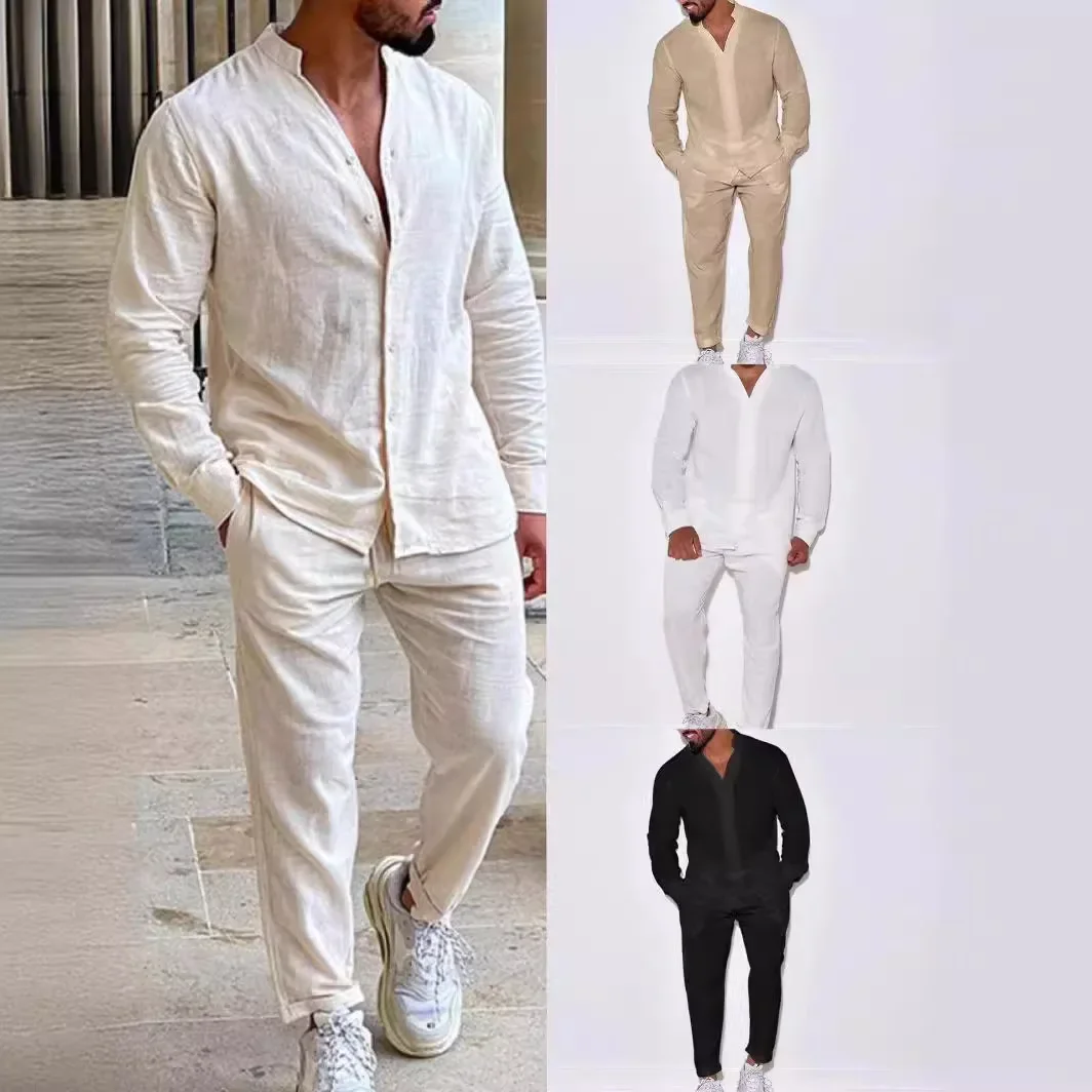 

Men Pant Set Two Piece Sets Full Sleeve Casual Single Breasted V Neck Coats Solid High Waist Straight Long Pants 2025 Autumn New
