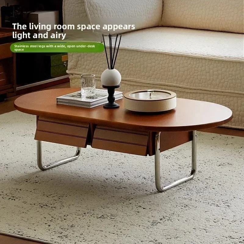 DSAsolid wood coffee table living room stainless steel oval storage tea table