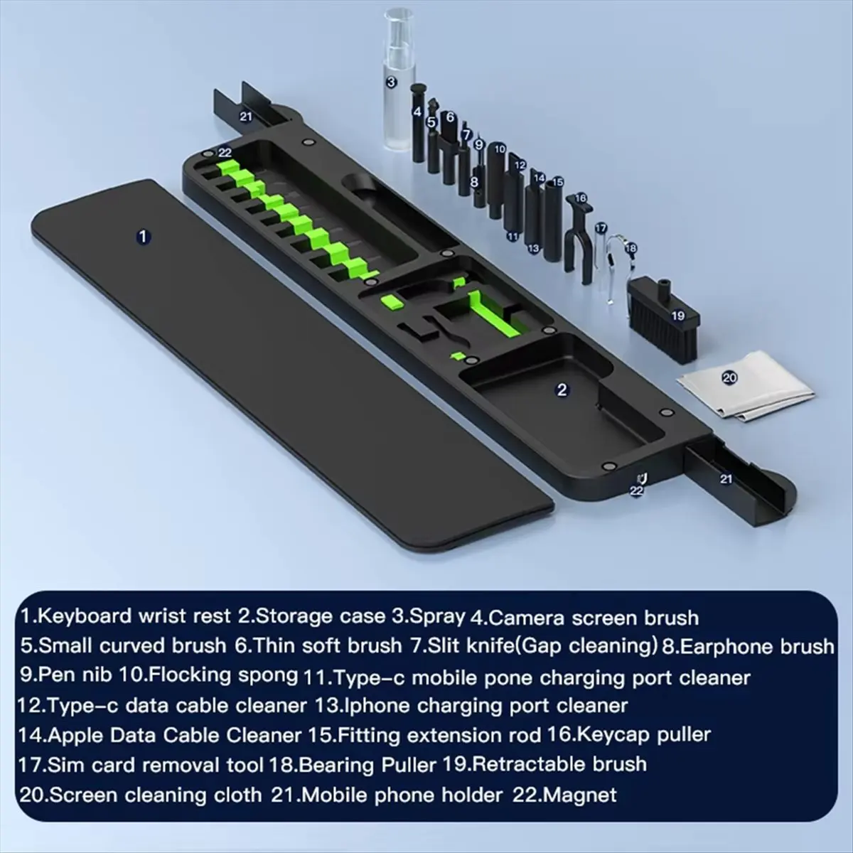 

22 в 1 цифровой набор для чистки лоток для клавиатуры телефона ноутбук чистка клавиатуры гарнитура щетка очиститель экрана пылесборник A