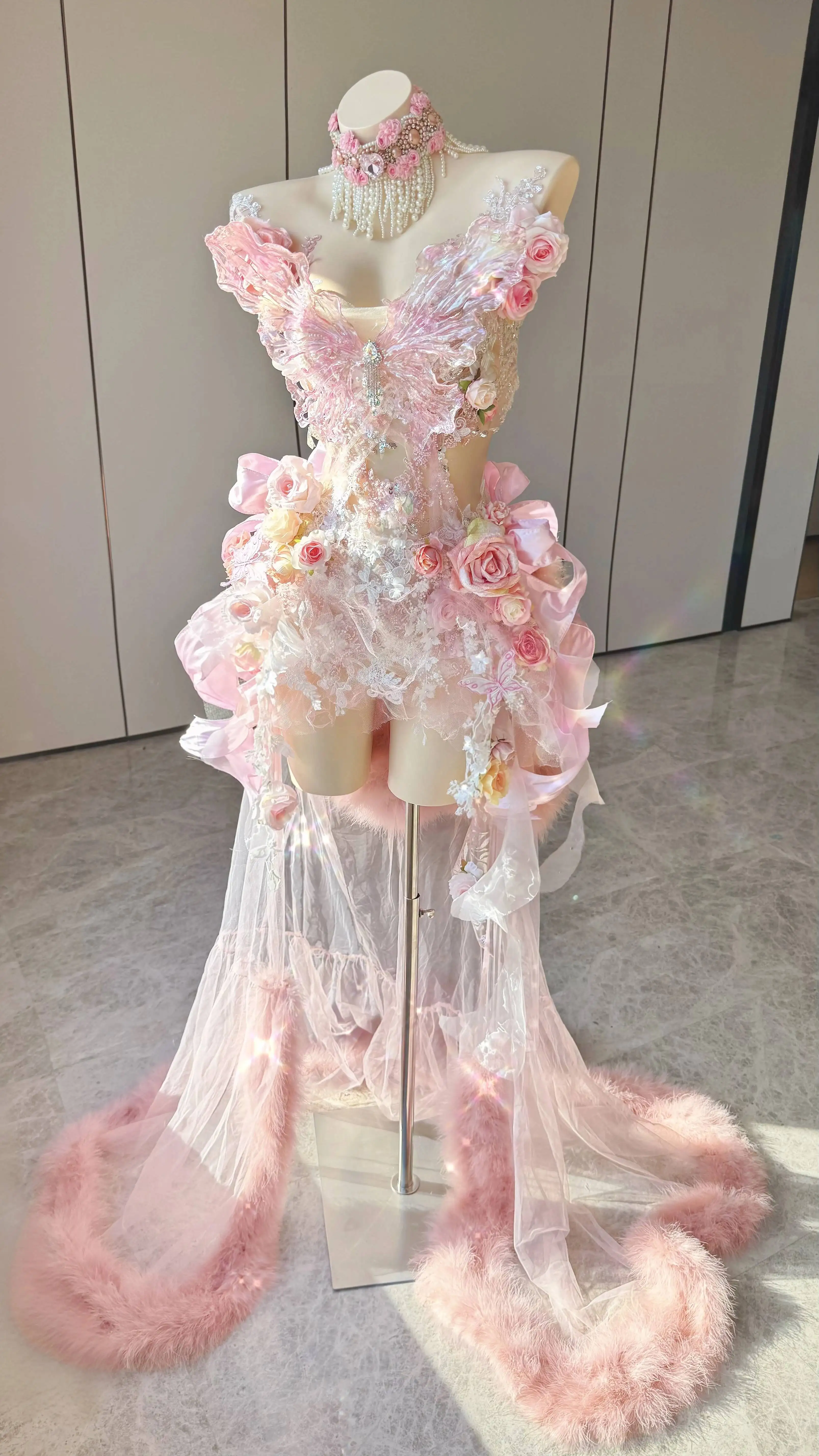 ZIWU Design Elf Dress With Pink Plush Trailing Hem Three-dimensional Floral Top Wedding Dress For Birthday Celebration
